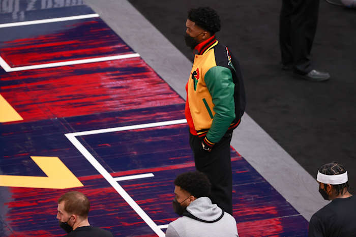 Mitchell looks on as the Utah Jazz take on the Memphis Grizzlies in game one of NBA Playoffs